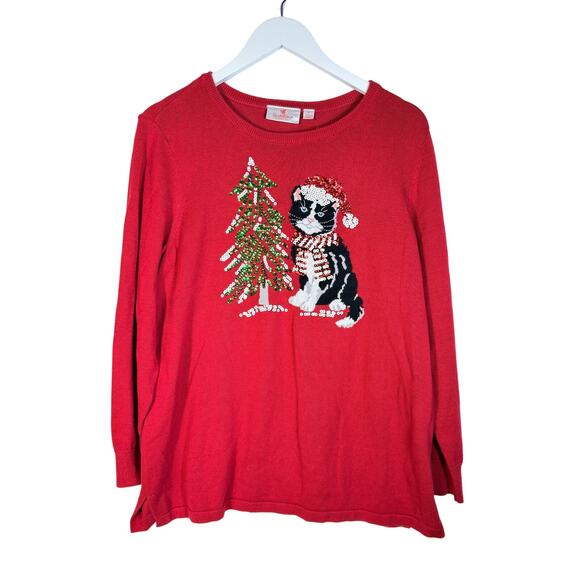 Quacker Factory Red Sequin Kitty Cat with Christmas Tree Cotton Sweater size L - Picture 1 of 6